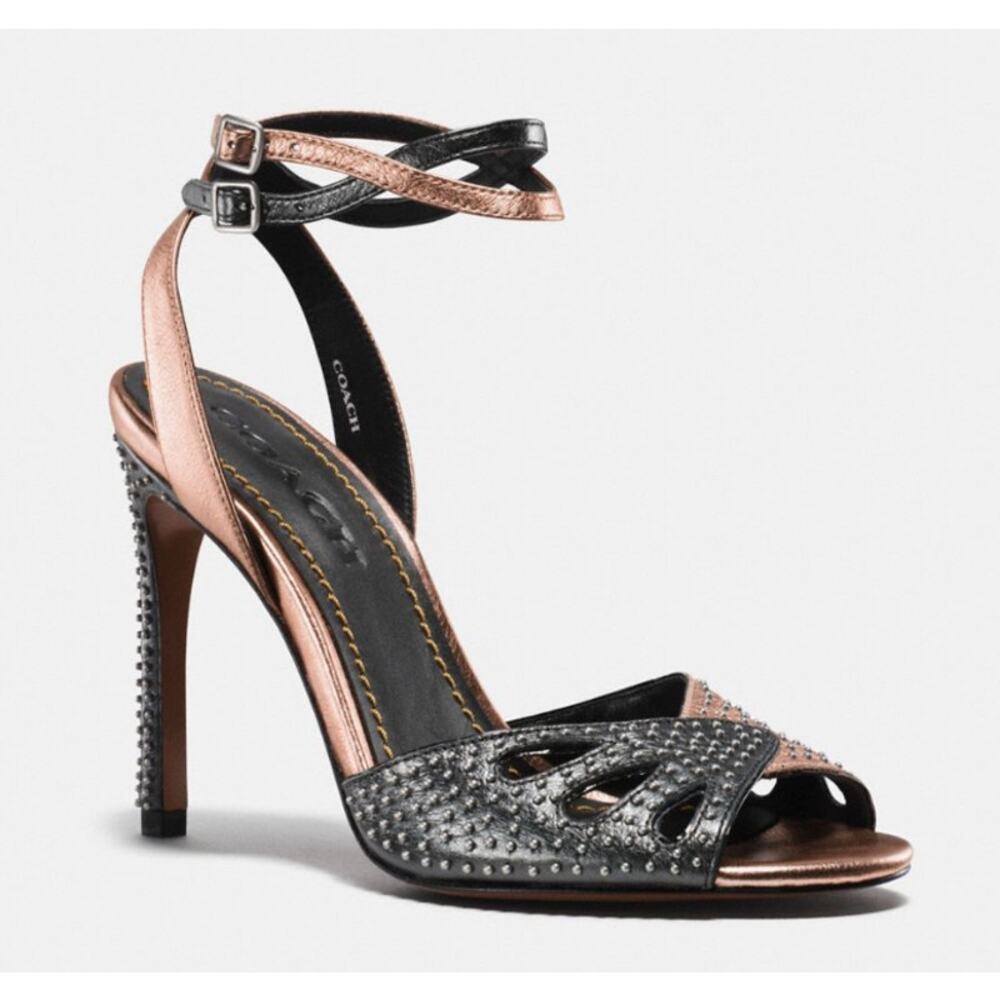 Coach Heels G2000 Prairie Rivets Stiletto Sandal WMNS 10 Black Rose Gold Leather
